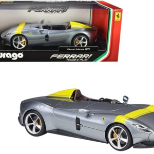 Ferrari Monza SP1 Silver Metallic with Yellow Stripes 1/18 Diecast Model Car by Bburago