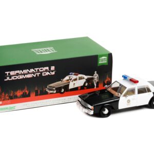 1987 Chevrolet Caprice Metropolitan Police Black and White with T-1000 Liquid Metal Android Diecast Figure “Terminator 2: Judgment Day” (1991) Movie “Artisan Collection” 1/18 Diecast Model Car by Greenlight