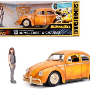 Volkswagen Beetle Weathered Yellow with Robot on Chassis and Charlie Diecast Figurine “Bumblebee” (2018) Movie (“Transformers” Series) “Hollywood Rides” Series 1/24 Diecast Model Car by Jada