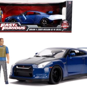 2009 Nissan GT-R (R35) Blue Metallic and Carbon with Lights and Brian Figurine “Fast & Furious” Movie 1/18 Diecast Model Car by Jada