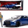 2009 Nissan GT-R (R35) Blue Metallic and Carbon with Lights and Brian Figurine “Fast & Furious” Movie 1/18 Diecast Model Car by Jada