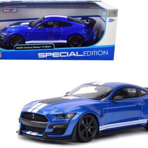 2020 Ford Mustang Shelby GT500 Blue Metallic with White Stripes “Special Edition” 1/18 Diecast Model Car by Maisto