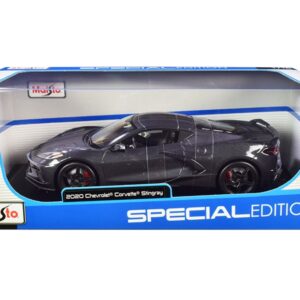 2020 Chevrolet Corvette Stingray C8 Dark Gray Metallic with Racing Stripes 1/18 Diecast Model Car by Maisto