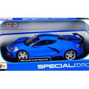 2020 Chevrolet Corvette Stingray C8 Coupe with High Wing Blue with Black Stripes 1/18 Diecast Model Car by Maisto