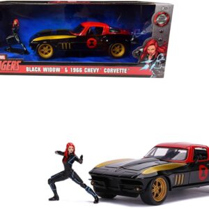 1966 Chevrolet Corvette with Black Widow Diecast Figurine “Avengers” “Marvel” Series 1/24 Diecast Model Car by Jada