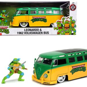 1962 Volkswagen Bus Yellow and Green with Leonardo Diecast Figurine “Teenage Mutant Ninja Turtles” TV Series 1/24 Diecast Model Car by Jada