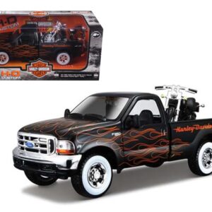 1999 Ford F-350 Super Duty Pickup Black with Flames 1/27 & 2002 Harley Davidson FLSTB Motorcycle Night Train 1/24 Diecast Models by Maisto