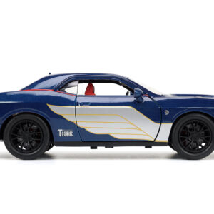 2015 Dodge Challenger SRT Hellcat Dark Blue with Graphics and Red Interior and Thor Diecast Figure “The Mighty Thor” “Marvel” Series 1/24 Diecast Model Car by Jada