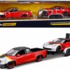 2017 Chevrolet Colorado ZR2 Pickup Truck Red and 2015 Chevrolet Corvette Z06 Red with Flatbed Trailer Set of 3 pieces “Elite Transport” Series 1/24 Diecast Model Cars by Maisto