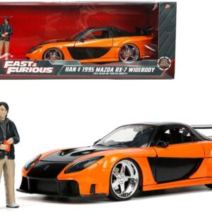 1995 Mazda RX-7 Widebody RHD (Right Hand Drive) Orange Metallic and Black with Han Diecast Figurine “The Fast and the Furious: Tokyo Drift” (2006) Movie 1/24 Diecast Model Car by Jada