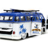 Volkswagen T1 Bus Blue and White with Graphics “Nostalgic Islands Ride the Wave” and Mickey Mouse Diecast Figure and Surfboard “Disney’s Mickey and Friends” “Hollywood Rides” Series 1/24 Diecast Model Car by Jada