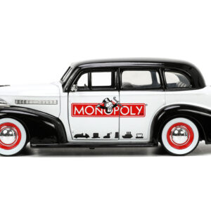 1939 Chevrolet Master Deluxe Black and White “Monopoly” and Mr. Monopoly Diecast Figure “Hollywood Rides” Series 1/24 Diecast Model Car by Jada