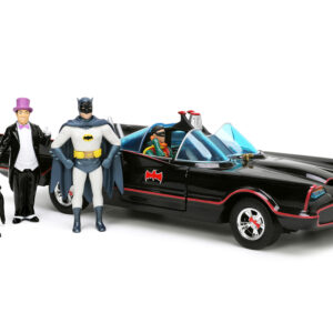 1966 Classic Batmobile with Diecast Batman The Joker The Penguin and Plastic Robin Sitting Inside The Car “Batman” TV Series (1966) “Hollywood Rides” Series 1/24 Diecast Model Car by Jada