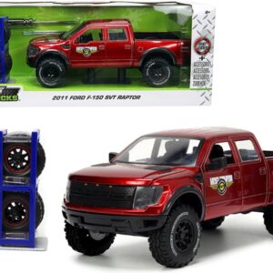 2011 Ford F-150 SVT Raptor Pickup Truck Candy Red Metallic “Mickey Thompson Tires & Wheels” with Extra Wheels “Just Trucks” Series 1/24 Diecast Model Car by Jada