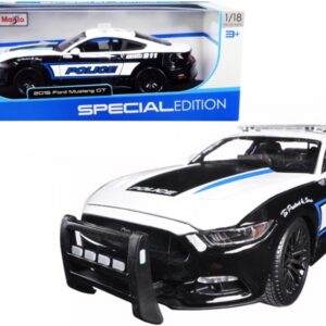 2015 Ford Mustang GT 5.0 Police Car Black and White with Blue Stripes 1/18 Diecast Model Car by Maisto