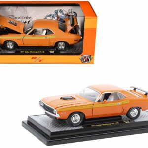 1971 Dodge Challenger R/T 440 Orange with Yellow Stripes and White Interior Limited Edition to 5250 pieces Worldwide 1/24 Diecast Model Car by M2 Machines