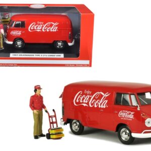 1963 Volkswagen Type 2 (T1) “Coca-Cola” Cargo Van with Delivery Driver Figurine with Handcart and Two Bottle Cases 1/24 Diecast Model Car by Motorcity Classics