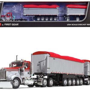 Kenworth W900L Day Cab and East Michigan Series 31′ and 20′ End Dump Trailers Viper Red and Silver 1/64 Diecast Model by DCP/First Gear