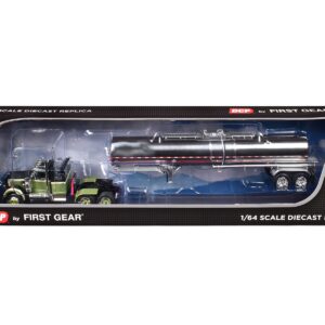 Western Star 4900 with 36″ Vintage Flat Top Sleeper and Brenner Chemical Tank Trailer Olive and Dark Green Two-Tone 1/64 Diecast Model by DCP/First Gear