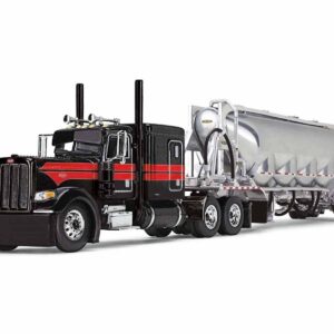 Peterbilt 389 with 63″ Flat Top Sleeper and J&L Pneumatic Tank Trailer Black with Red Stripes 1/64 Diecast Model by DCP/First Gear