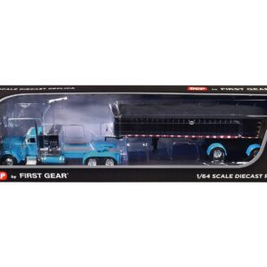 Peterbilt 379 with 60″ Vintage Sleeper and MAC Coal End Dump Trailer Cyan Blue and Chrome 1/64 Diecast Model by DCP/First Gear