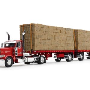 Peterbilt 389 Day Cab with Utility Dual 28.5′ Flatbed Trailers with Hay Loads Viper Red with Graphics 1/64 Diecast Model by DCP/First Gear