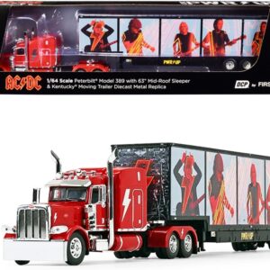 Peterbilt 389 63″ Mid-Roof Sleeper Cab Viper Red with Kentucky Moving Trailer “AC/DC Power Up” 1/64 Diecast Model by DCP/First Gear