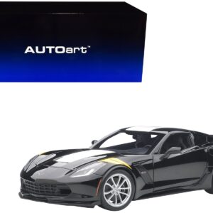 2017 Chevrolet Corvette C7 Grand Sport Black with White Stripe and Yellow Fender Hash Marks 1/18 Model Car by Autoart