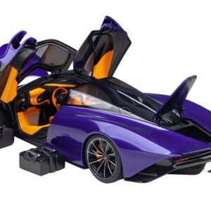 McLaren Speedtail Lantana Purple Metallic with Black Top and Yellow Interior and Suitcase Accessories  1/18 Model Car by Autoart