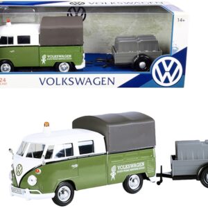 Volkswagen T1 Pickup with Canopy Green and White with Trailer “Road Service” 1/24 Diecast Model Car by Motormax