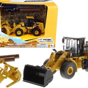 CAT Caterpillar 950M Wheel Loader with Bucket and Log Fork with Two Log Poles “Play & Collect!” 1/64 Diecast Model by Diecast Masters