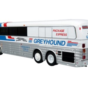 1984 Eagle Model 10 Motorcoach Bus “Greyhound Package Express” White and Blue “Vintage Bus & Motorcoach Collection” Limited Edition to 504 pieces Worldwide 1/87 (HO) Diecast Model by Iconic Replicas