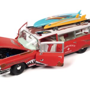 1959 Cadillac Eldorado Ambulance Red with White Top “Malibu Beach Rescue” (Weathered) with Surfboards on Roof “Surf Shark” 1/18 Diecast Model Car by Auto World