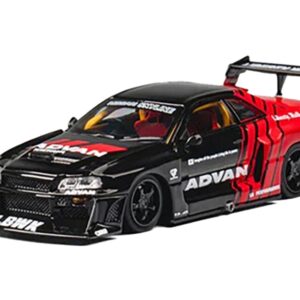 Nissan Skyline LB-ER34 “Super Silhouette” RHD (Right Hand Drive) “ADVAN” Black and Red with Extra Wheels 1/64 Diecast Model Car by CM Models