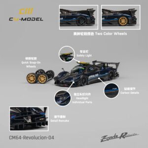 Pagani Zonda Revolucion “Official Car” Dark Blue and Carbon with Extra Wheels 1/64 Diecast Model Car by CM Models