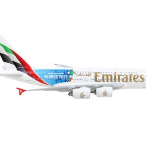 Airbus A380-800 Commercial Aircraft “Emirates Airlines – 2023 Rugby World Cup Sponsor” White with Striped Tail 1/400 Diecast Model Airplane by GeminiJets