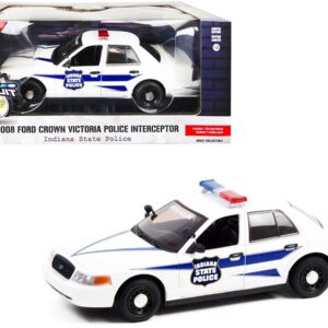 2008 Ford Crown Victoria Police Interceptor White with Dark Blue Stripes “Indiana State Police” “Hot Pursuit” Series 1/24 Diecast Model Car by Greenlight