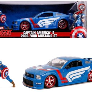 2006 Ford Mustang GT with Captain America Diecast Figurine “Avengers” “Marvel” Series 1/24 Diecast Model Car by Jada