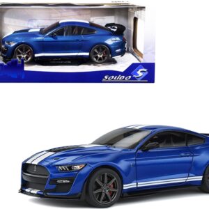 2020 Ford Mustang Shelby GT500 Fast Track Ford Performance Blue Metallic with White Stripes 1/18 Diecast Model Car by Solido