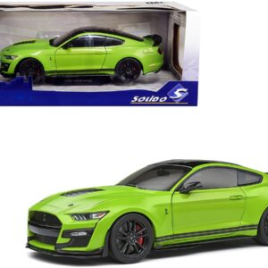 2020 Ford Mustang Shelby GT500 Grabber Lime Green Metallic with Black Top and Stripes 1/18 Diecast Model Car by Solido