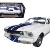 1965 Ford Mustang Shelby GT350R White with Blue Stripes and Printed Carroll Shelby’s Signature on the Roof 1/18 Diecast Model Car by Shelby Collectibles