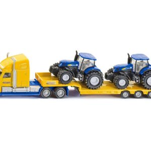 Tractor Truck Yellow with 2 New Holland T7070 Tractors Blue 1/87 (HO) Diecast Models by Siku