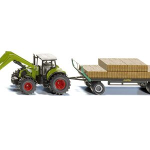 Claas Tractor with Square Bale Grab Green and Oehler Bale Trailer with 12 Hay Bales 1/50 Diecast Model by Siku