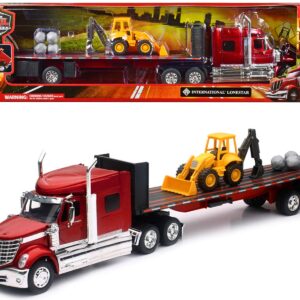 International Lonestar Truck with Flatbed Trailer Red Metallic with Front Loader and Rocks “Long Haul Truckers” Series 1/32 Diecast Model by New Ray