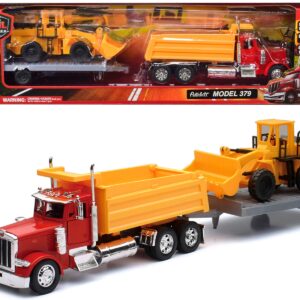 Peterbilt 379 Dump Truck Red and Wheel Loader Yellow with Flatbed Trailer “Long Haul Truckers” Series 1/32 Diecast Model by New Ray