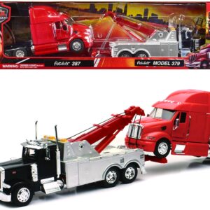 Peterbilt 379 Tow Truck Black with Peterbilt 387 Truck Tractor Red Set of 2 pieces 1/32 Diecast Model by New Ray