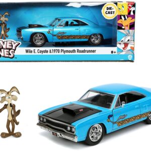 1970 Plymouth 440-6BBL RoadRunner Light Blue Metallic with Black Hood and Wile E. Coyote Diecast Figurine...