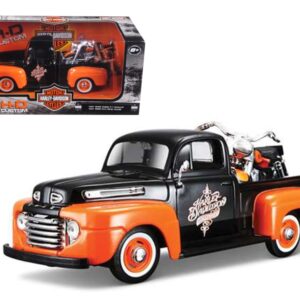 1948 Ford F-1 Pickup Truck with 1958 Harley Davidson FLH Duo Glide Motorcycle Orange and Black 1/24 Diecast...