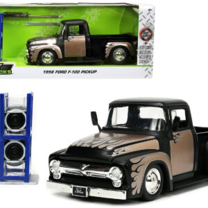 1956 Ford F-100 Pickup Truck Matt Black and Champagne with Flames with Extra Wheels “Just Trucks”...