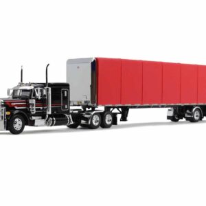 Peterbilt 379 with 63″ Flat Top Sleeper and 53′ Utility Roll Tarp Spread-Axle Trailer Black...